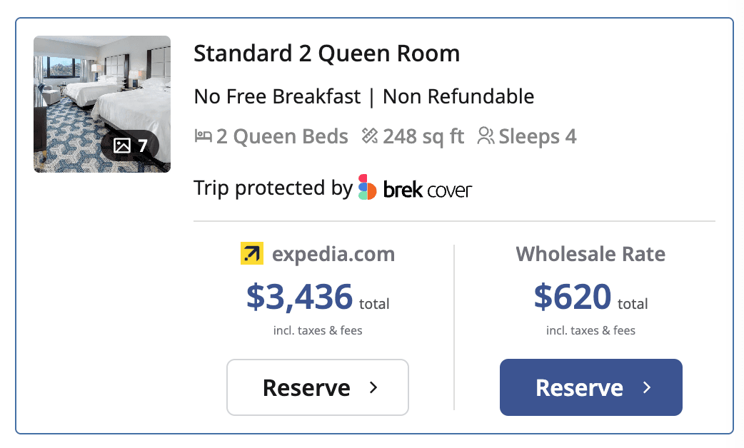 A live comparison showing an Expedia total of $3,436 and a Brek wholesale rate of $620 for the same room type